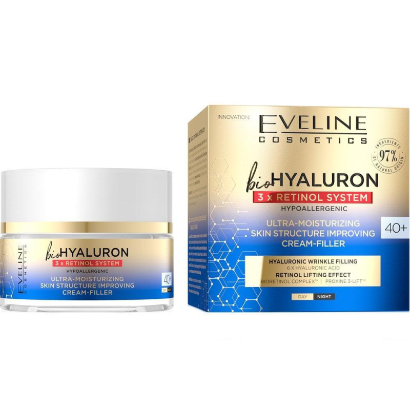 Eveline BioHyaluron 3x Retinol System Lifting Aktywnie Odmładzający Krem Wypełniający na Dzień i Noc 50+ 50ml